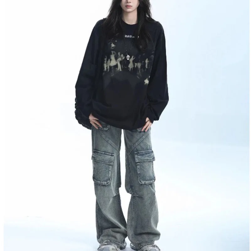 

American Retro Aabi Style Hip-hop Long-sleeved T-shirt Women Oversize Loose Round Neck Heavy Cotton Sweatshirt