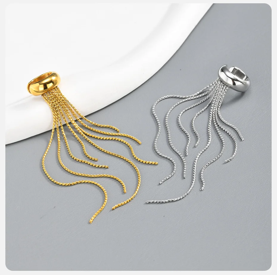 Vnox Trendige Lange Quasten-Ohrclips für Damen aus Edelstahl, Ohne Piercing, Wasserdicht, Antiallergisch – Detail 6