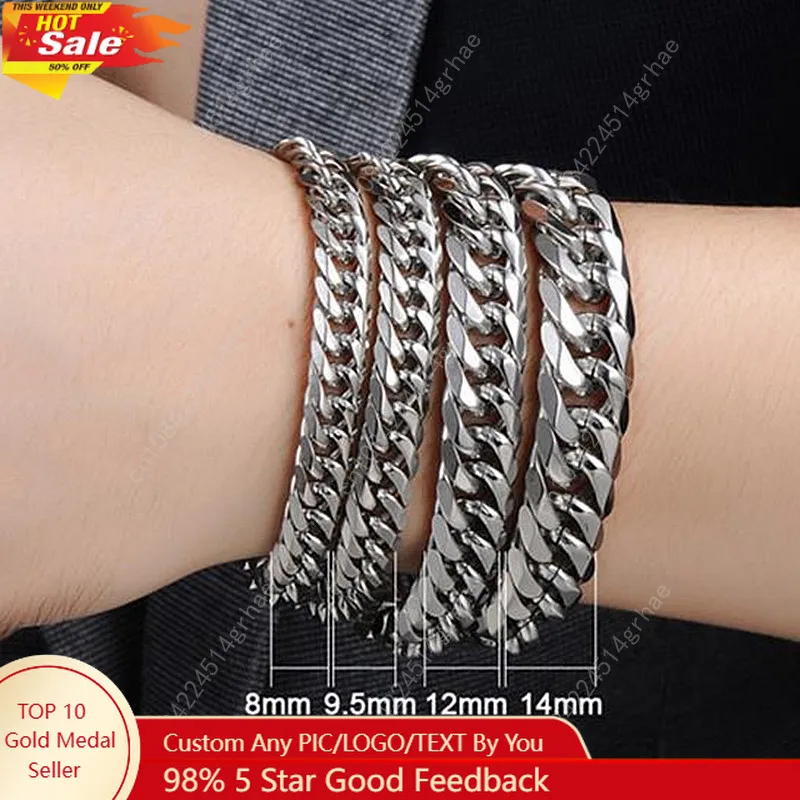 

Stainless Steel Cuban Chain Bracelet For Men Punk Hand Chain Male Jewelry Accessories 8mm-14mm Wide