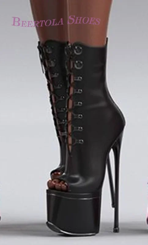 Tacones de 15Cm, botines ajustados de encaje rosa brillante para mujer, sandalias abiertas con plataforma negra y Punta abierta, tacones de aguja para baile en barra, zapato Sexy