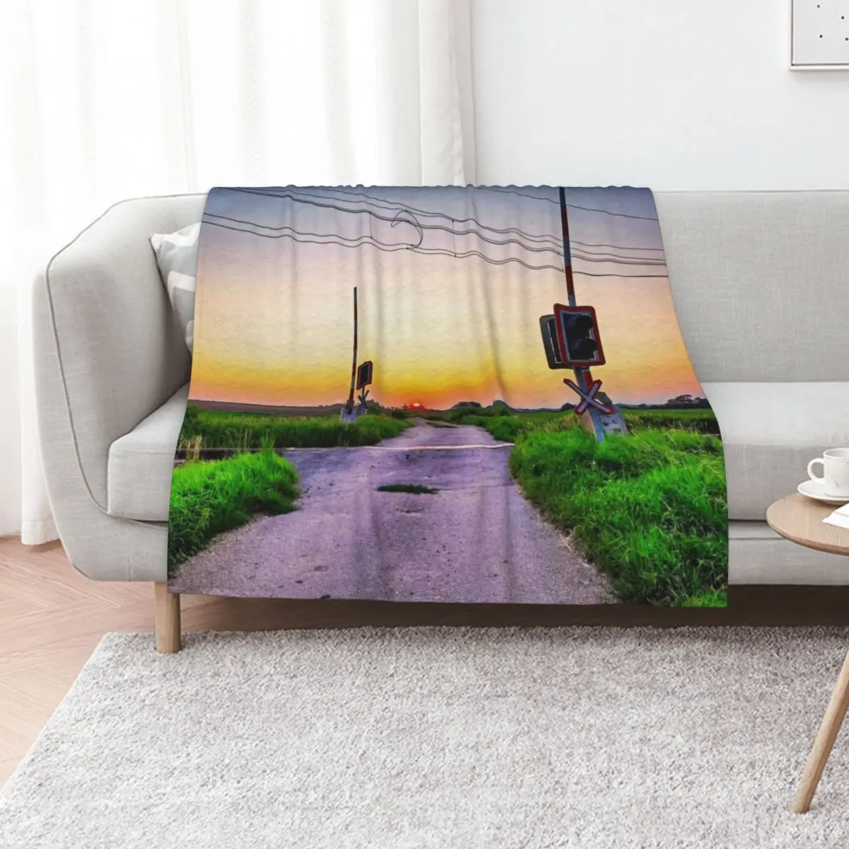 Railroad crossing - with sunset behind Throw Blanket Warm blankets ands Bed covers Giant Sofa Single Sofa Quilt Blankets