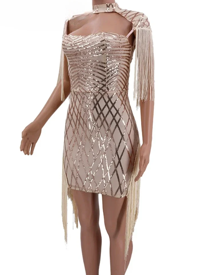 Mini abito da festa aderente con nappe eleganti con paillettes alla moda da donna