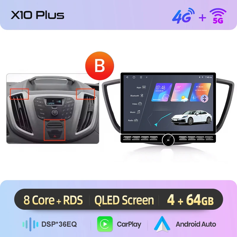 Junsun 13.1″ QLED draadloze CarPlay Android Auto autoradio voor Ford Transit Custom Tourneo 2013-2021 intelligente systemen DSP SWC