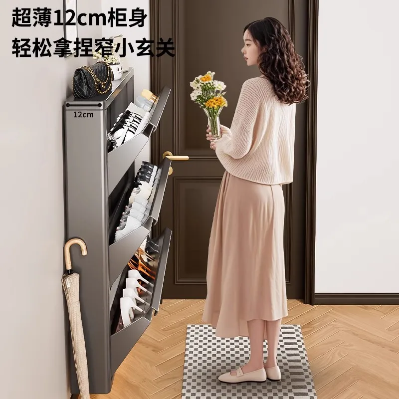 Ultra-Thin Flip Shoe Cabinet 12cm Deep Space Saving Steel Shoe Rack for Narrow Entrance Hallway