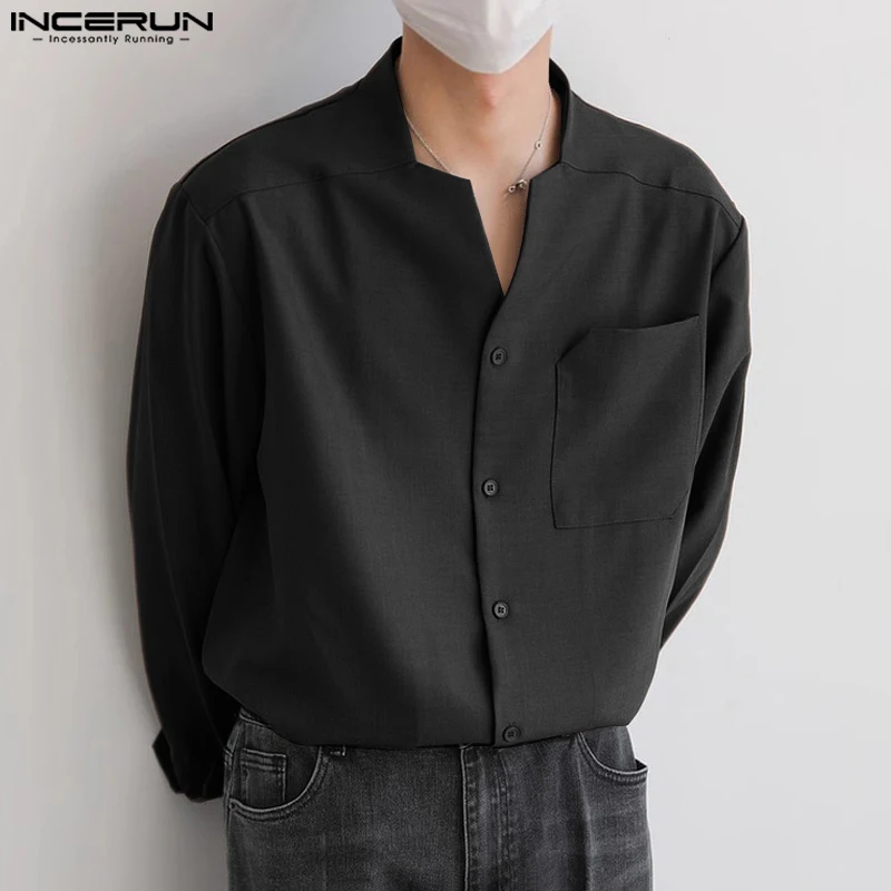 2024 Men Shirt Solid Color V Neck Long Sleeve Streetwear Fashion Casual Men Clothing Korean Style Leisure Shirts S-5XL INCERUN