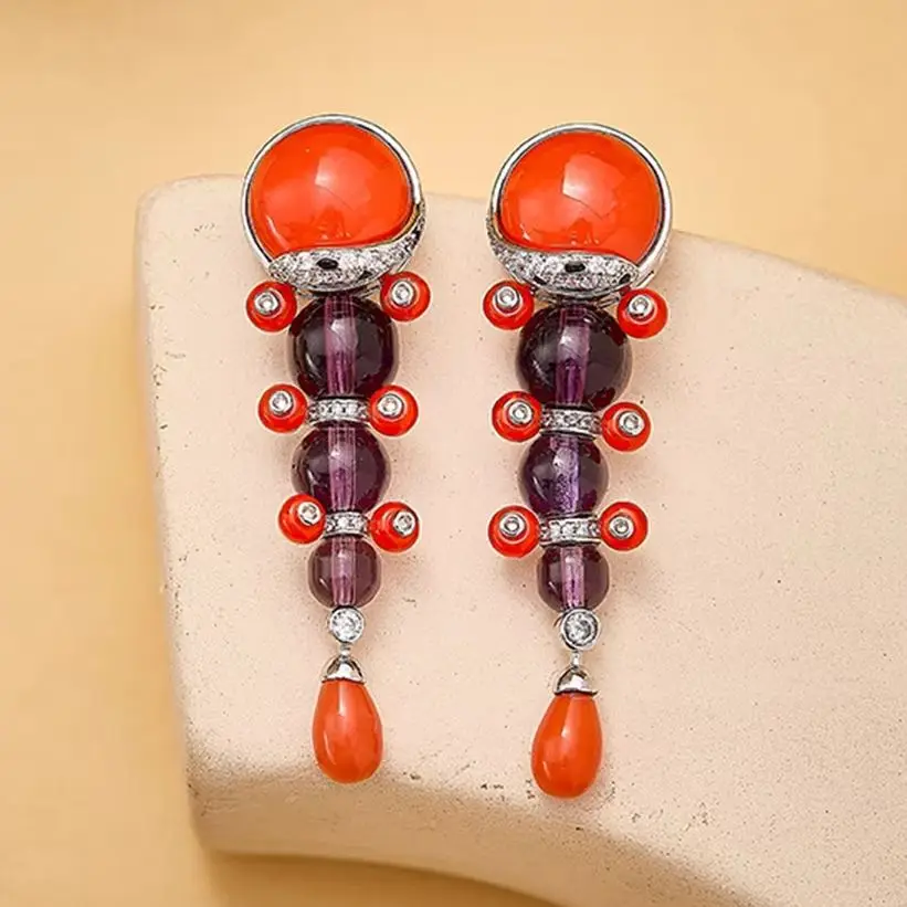 SY Luxury Jewelry Natural Crystal Amethyst Stud Earrings 925 Sterling Silver Cheetah Leopard Drop Earrings For Women Fine Jewel