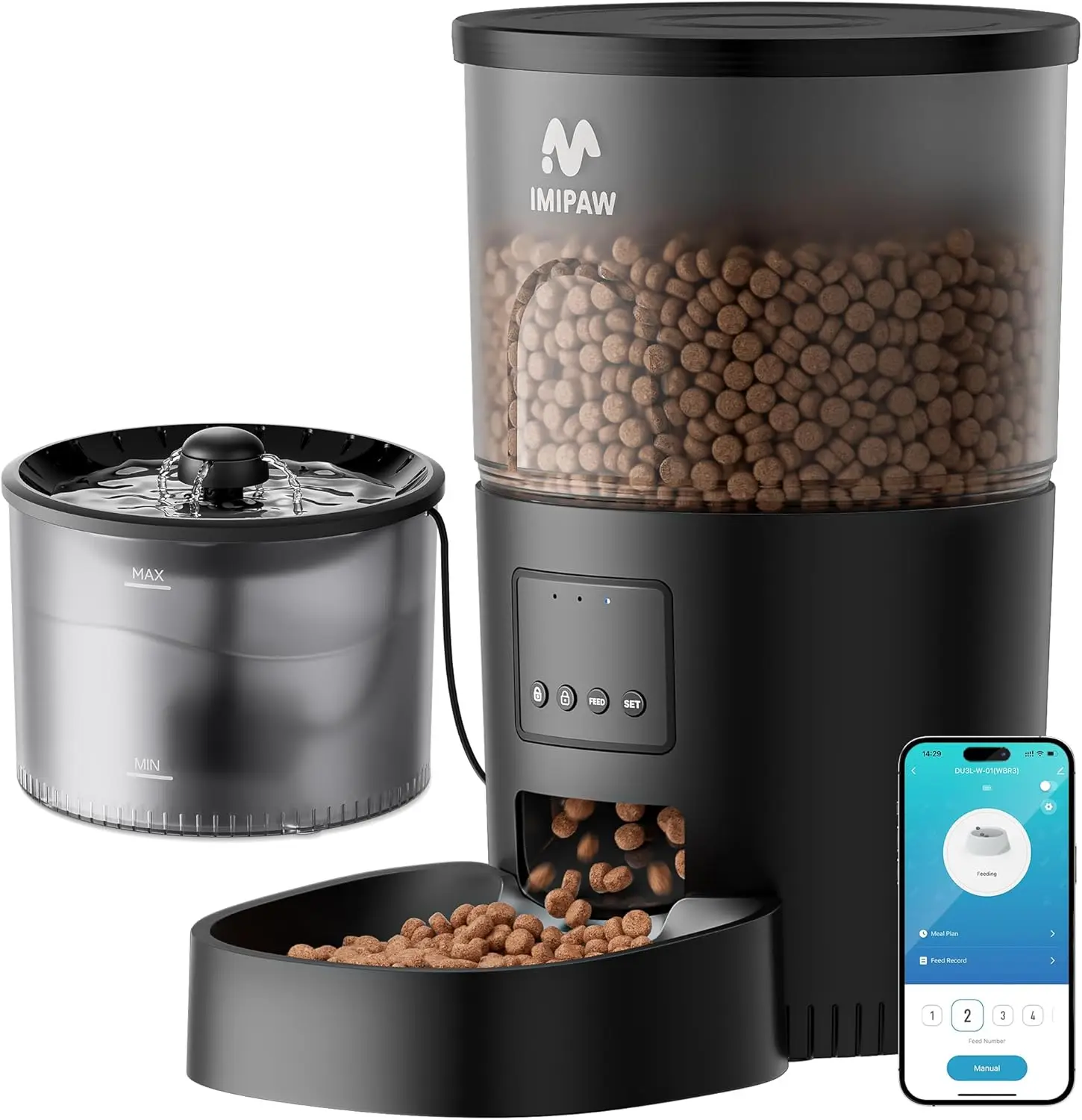 

Automatic Cat Feeder with WiFi and Water Dispenser, Timed Dry Food Dispenser App Control, Programmable Portions for Small Pets