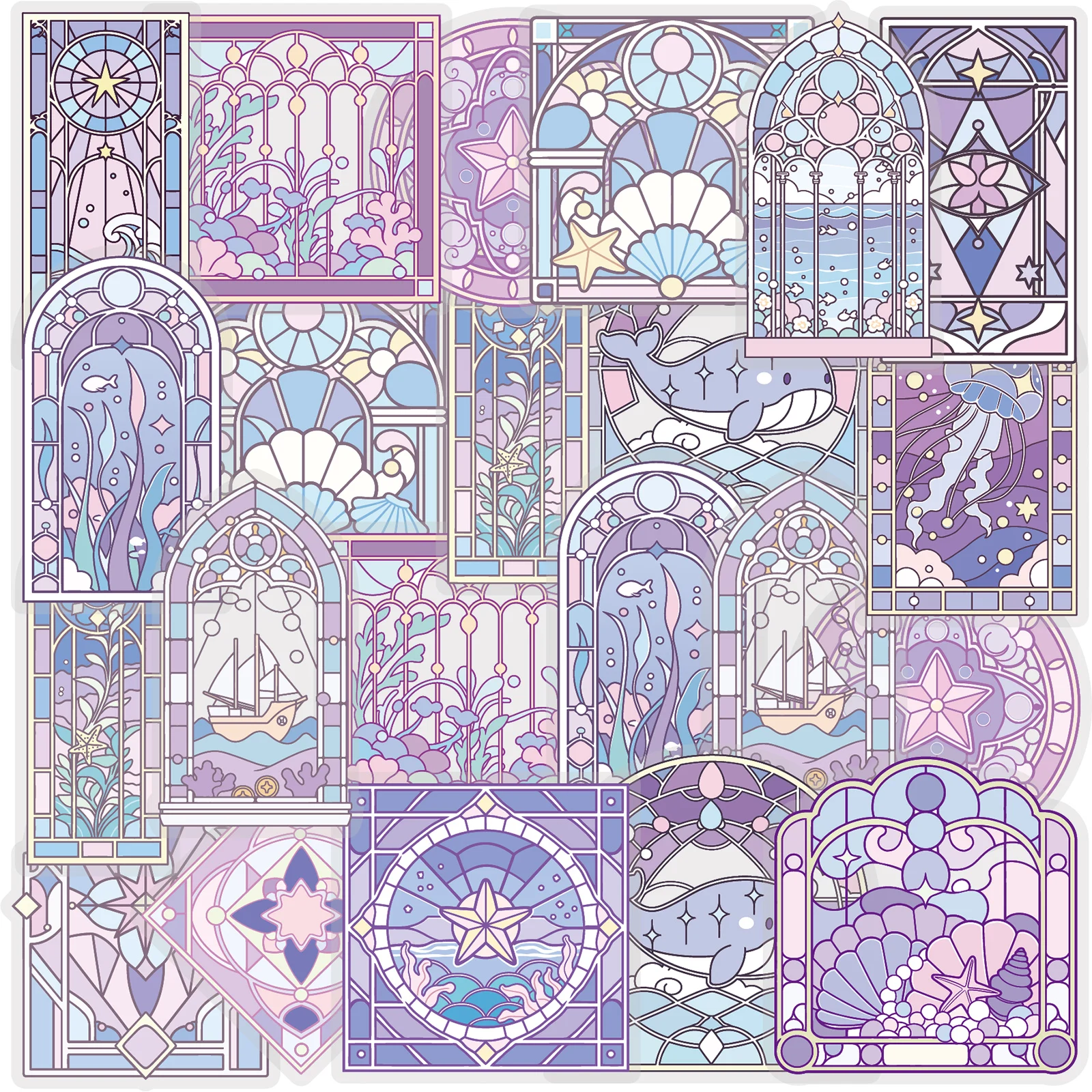 Etori Life 15Pcs Purple-Toned Ocean Window Pattern Pet Sticker Pack, Underwater Creature Stained Glass Window Design DIY Scrapbooking Material Suitable for Laptops, Phone Backs, Photo Albums, Handbags, Guitars, Sticker Books, Helmets and Bicycles, Postcards and Envelopes, Scrapbooking Supplies, Room Decoration, Art Aesthetics, Die-Cutting Craft, Cycling Decals, Gifts for Friends