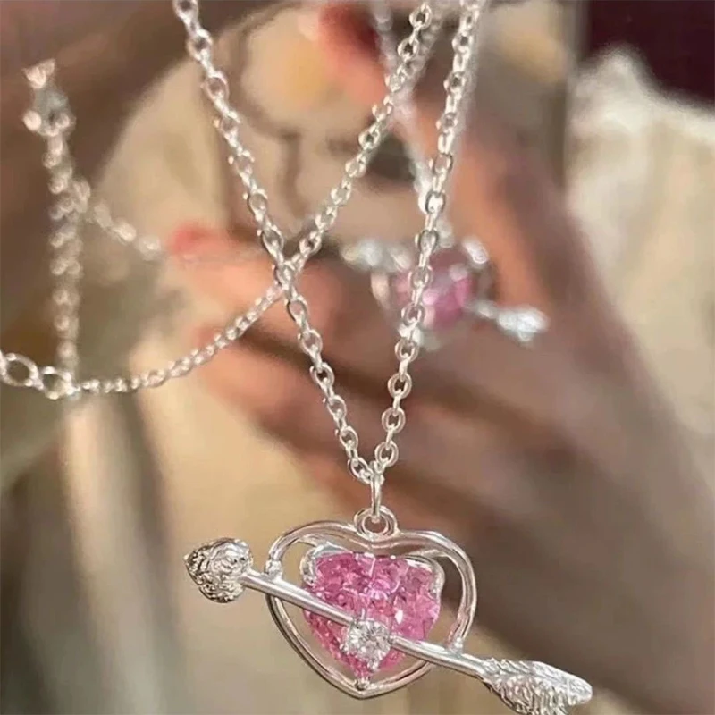 Angel Peach Heart Water Drop Pendant Necklace Jewelry Pink Crystal Girl Sweet Cool Clavicle Chain Aesthetic Y2k Accessories