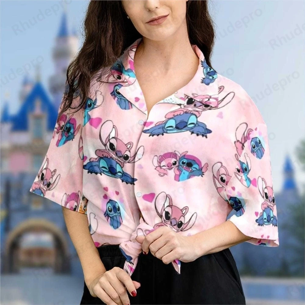 Disney verano Stitch Navidad mujer pantalón corto Casual manga blusas camisas vacaciones playa camisa hawaiana 2025 elegante camisa hawaiana