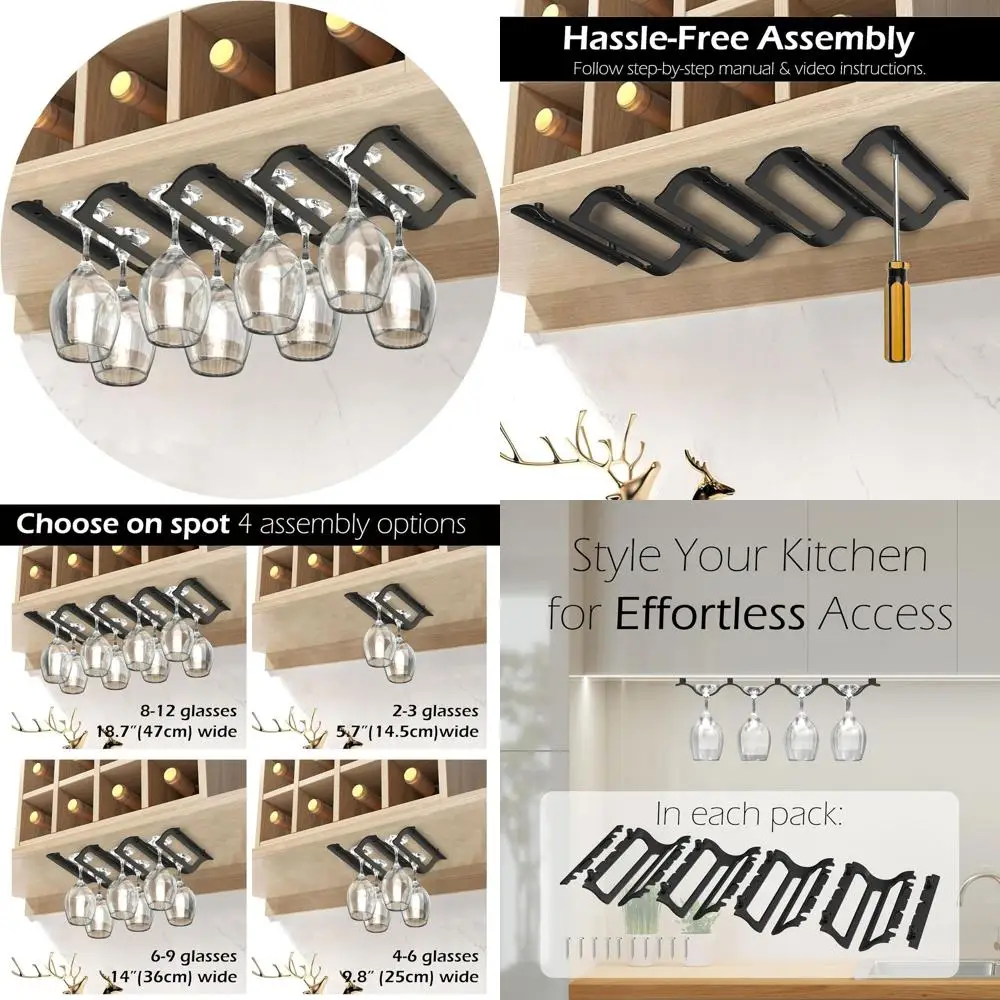 

Under Cabinet Wine Glass Rack: Holds 8-12 Glasses, Dust-Free, 18.7x9x1.7 Inches, Black