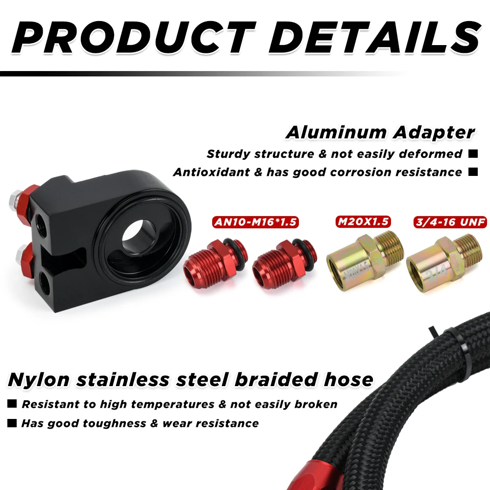 Adaptador Universal de placa sándwich de enfriador de filtro de aceite AN10 negro rojo + 2 uds línea de manguera trenzada negro