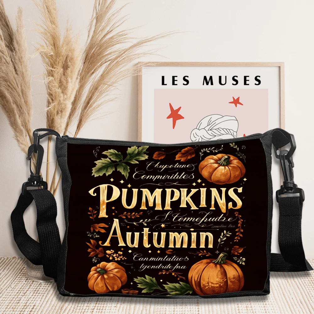 Pumpkin Autumn Theme Crossbody Bag Black With Pumpkin And Leaf Print And Text Shoulder Bags For Fall Season Harvest Festival Out