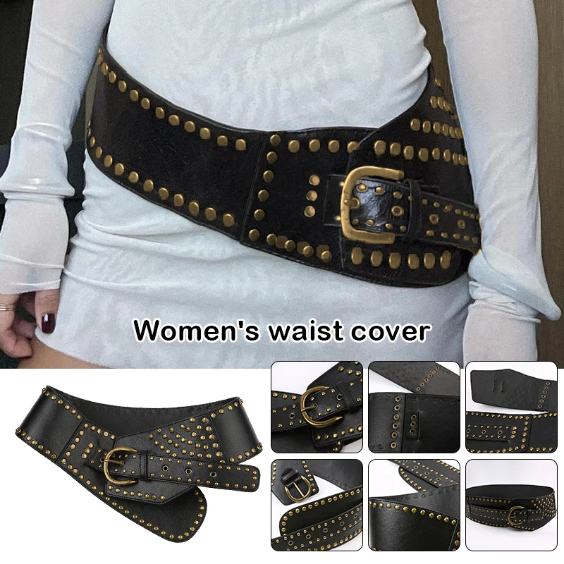 Cinturón Punk Ultra ancho para mujer, faja elástica delgada, moldeadora de cuerpo, cuero de imitación negro y marrón, cinturón de cintura Retro con remaches, faja para camisa y vestido