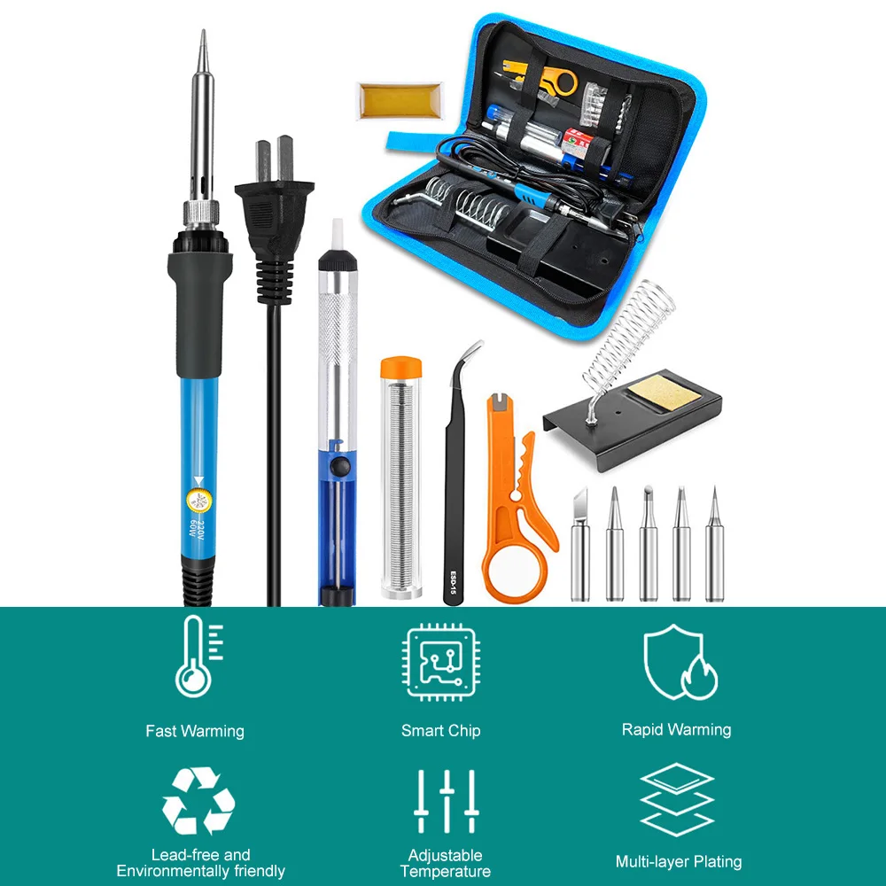 60W Digital Electric Soldering Iron Kit Set Temperature Adjustable 220V 110V Welding Tool Ceramic Heater Soldering Tips Rework