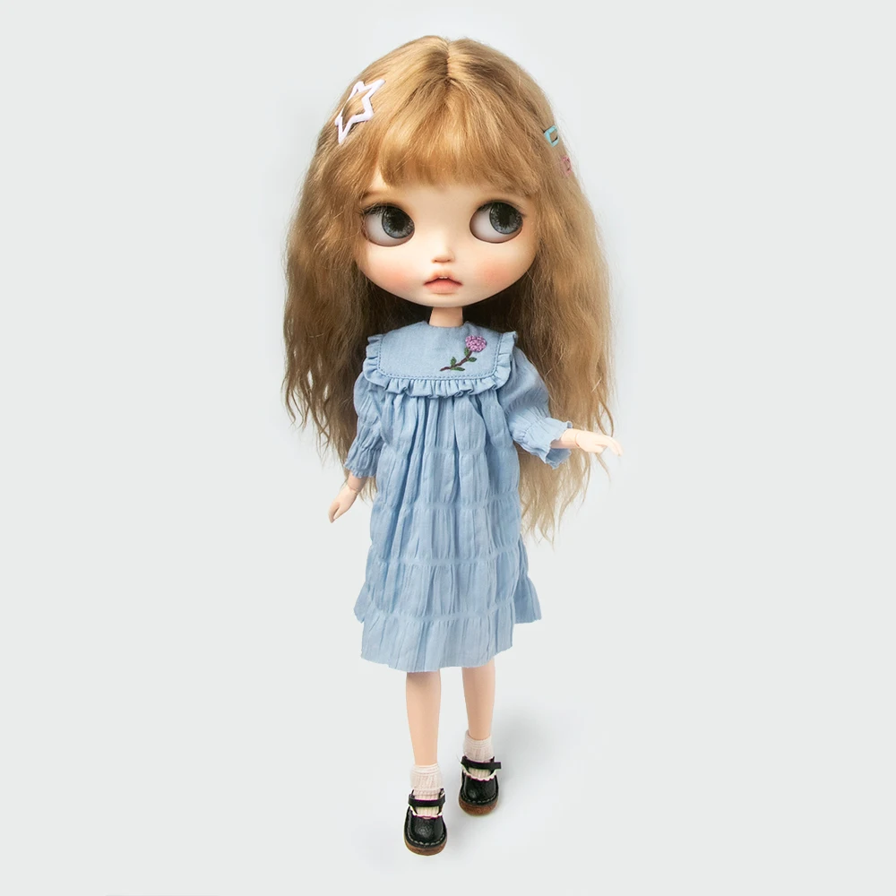 Blythe roupas meia manga colorblock vestido princesa solto vestido floral para ymy licca azones ob22 24 27 ker ymy boneca acessórios