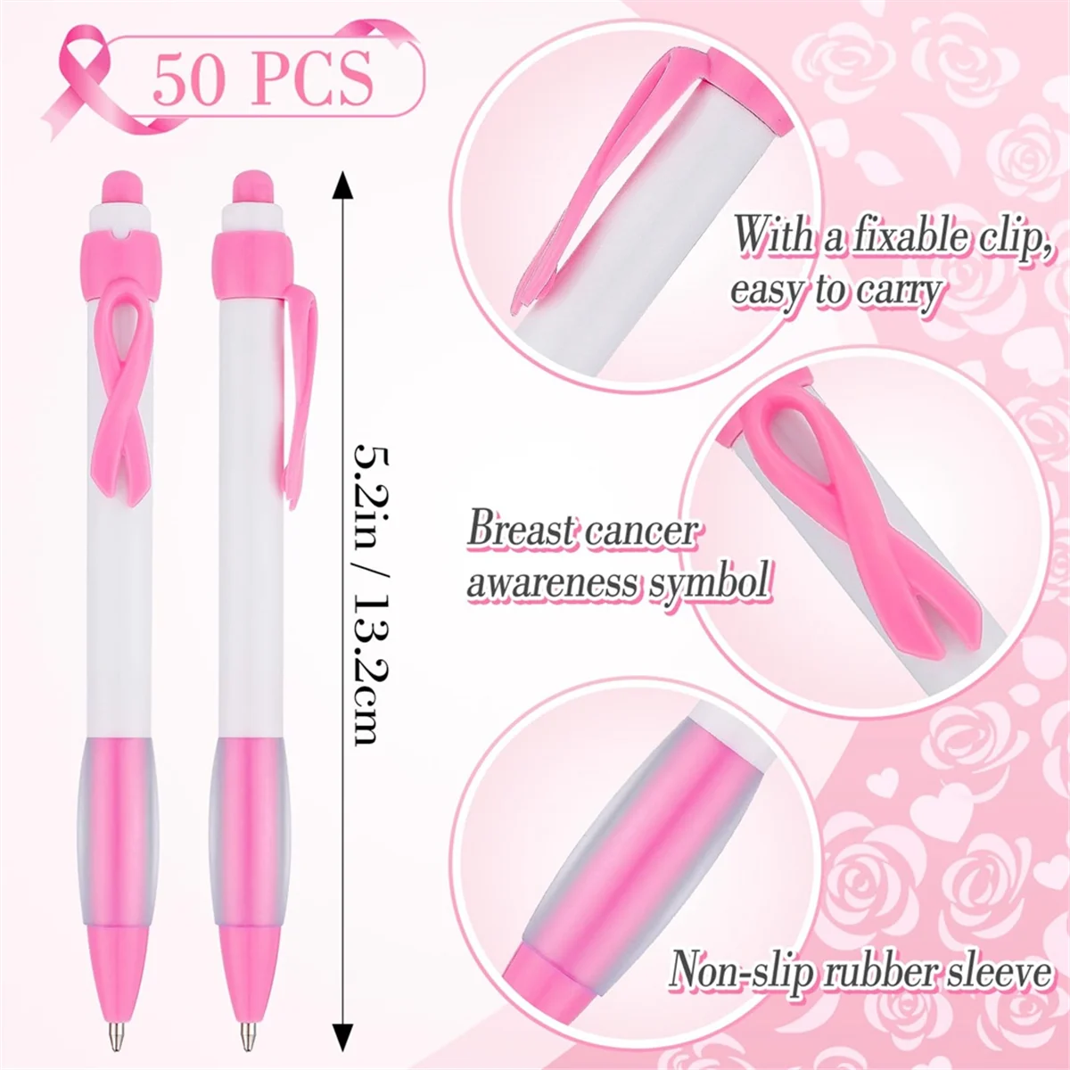 50 Pcs Pink Ribbon Pens Bulk, Black Ink Retractable Ballpoint Pens for Office Supply Women Girls Gift