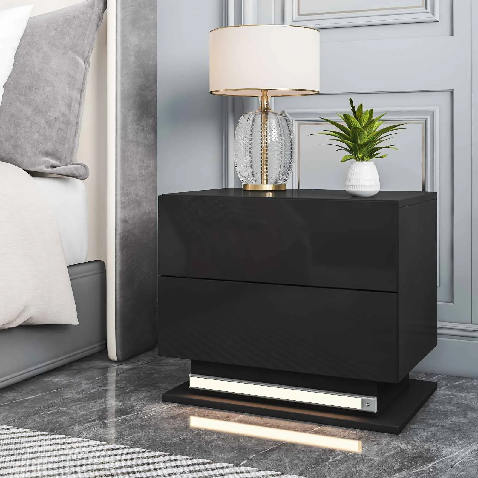 Auto Led Nightstand with High Gloss Drawer Led Bedside Table with Metal Frame Night Stand Table with Magnetic Infrared Sensing