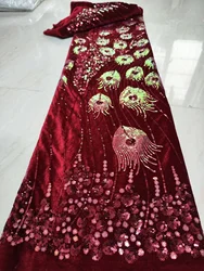 Classical Style Wine African Sequins Velvet Lace Fabric 2024 High Quality Nigerian Velvet Lace Fabric For Party Dress PHD20111