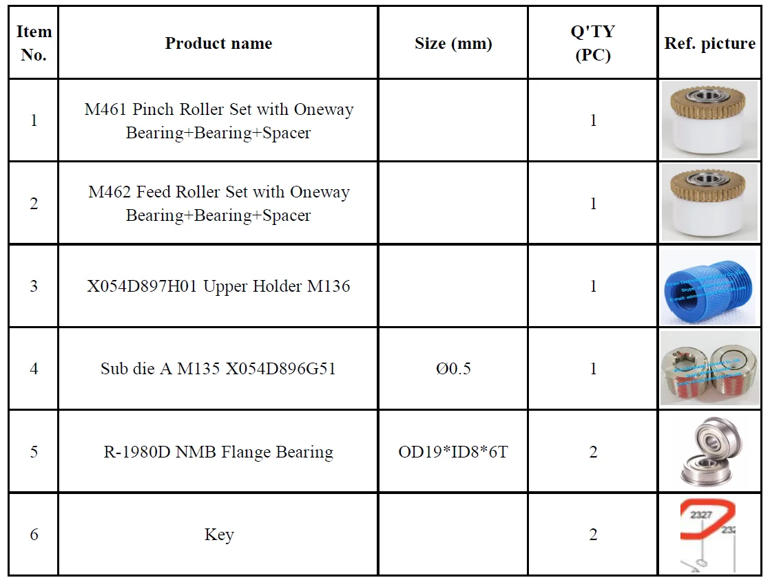 

EDM spare parts total 8 pcs (as picture) for Mitsubishi FX20. M461+M462 Set,Upper Holder M136,Sub die A M135,R-1980D Bearing,Key