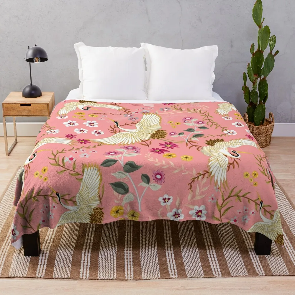 

Chinoiserie Cranes on pink, birds Throw Blanket Soft Beds Picnic Blankets