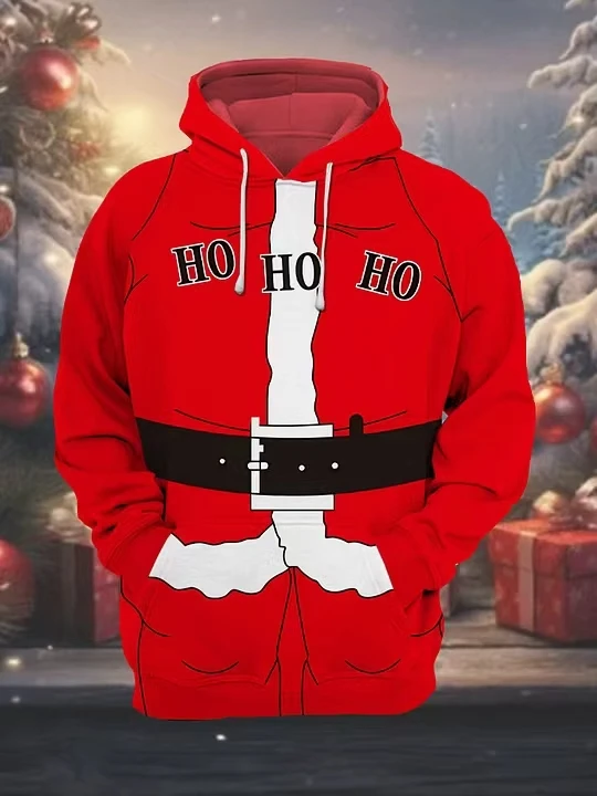 2026 Men Thin Sweatshirt Autumn Winter Hoodie Xmas Santa Suit Belt Button Print Long Sleeve Male Casual Tops Men's Clothes
