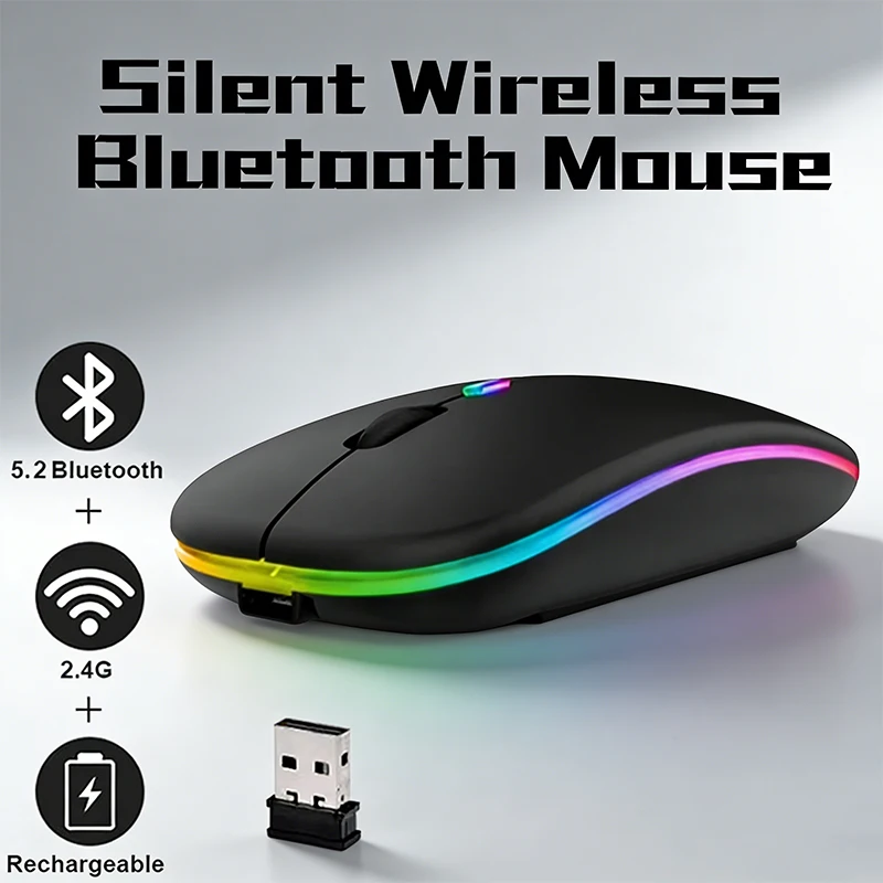 Wireless Bluetooth Mouse 2.4GHz Dual Modes RGB Rechargeable Mice RGB Ergonomic Silent Click Mouse For PC iPad Laptop PC Computer