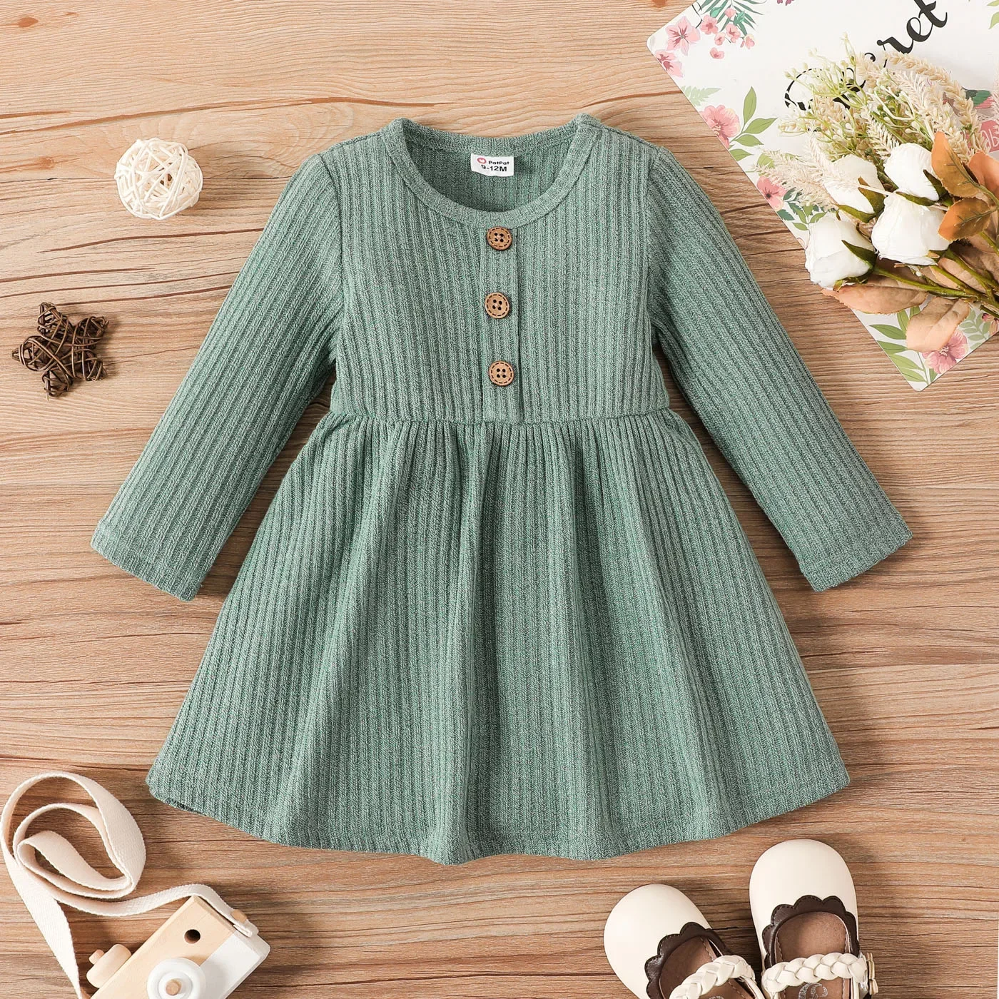 PatPat Baby Girl Button Front Solid Rib Knit Long-sleeve Dress Soft and Comfortable  Perfect for Outings Daily Wear Basic Style