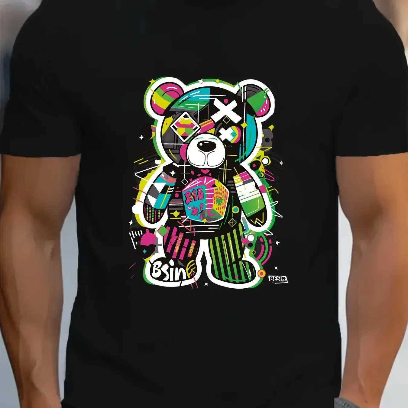 

Colorful Graffiti Bear Design Black T-shirt Short Sleeve Casual Wear Soft Fabric Unisex Unique Graphic Tee Trendy Summer Style