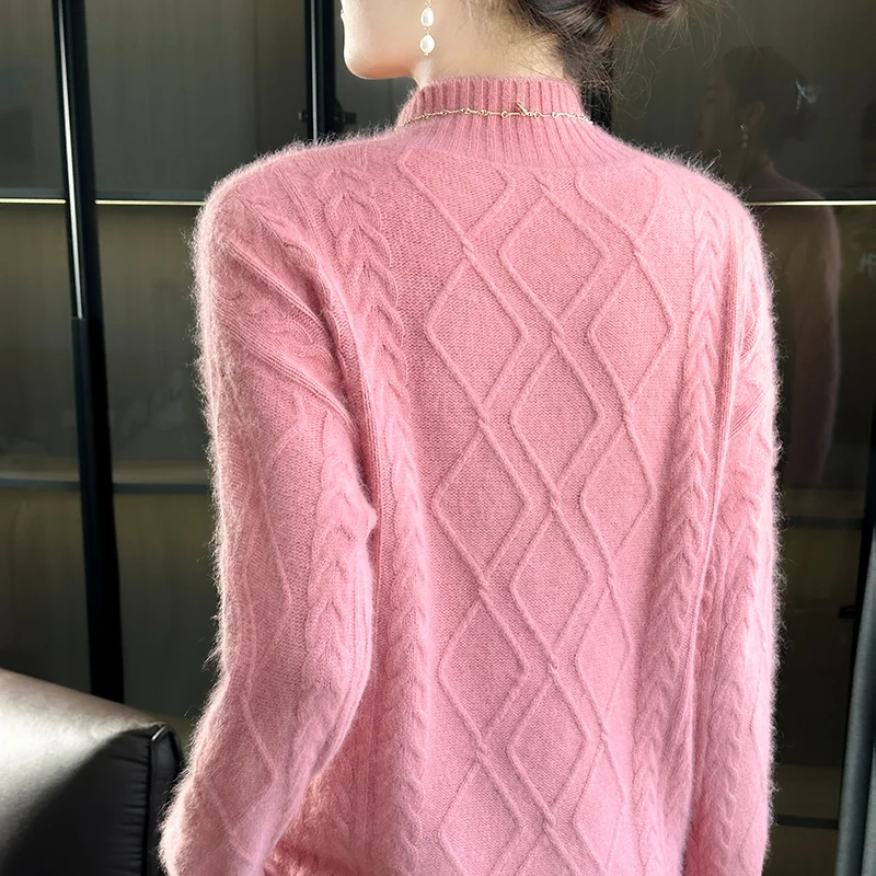 Autumn/Winter New 100% Cashmere Pullover Casual Solid Color Knitwear Women's Sweater Half High Neck Blouse Thickened Loose Tops