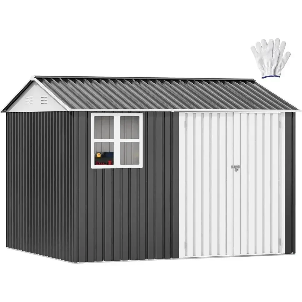 10x8ft Outdoor Metal Storage Shed with Window, Secure Lockable, Large Steel Garden Shed for Patio, Backyard, Garage, Lawn (Gray
