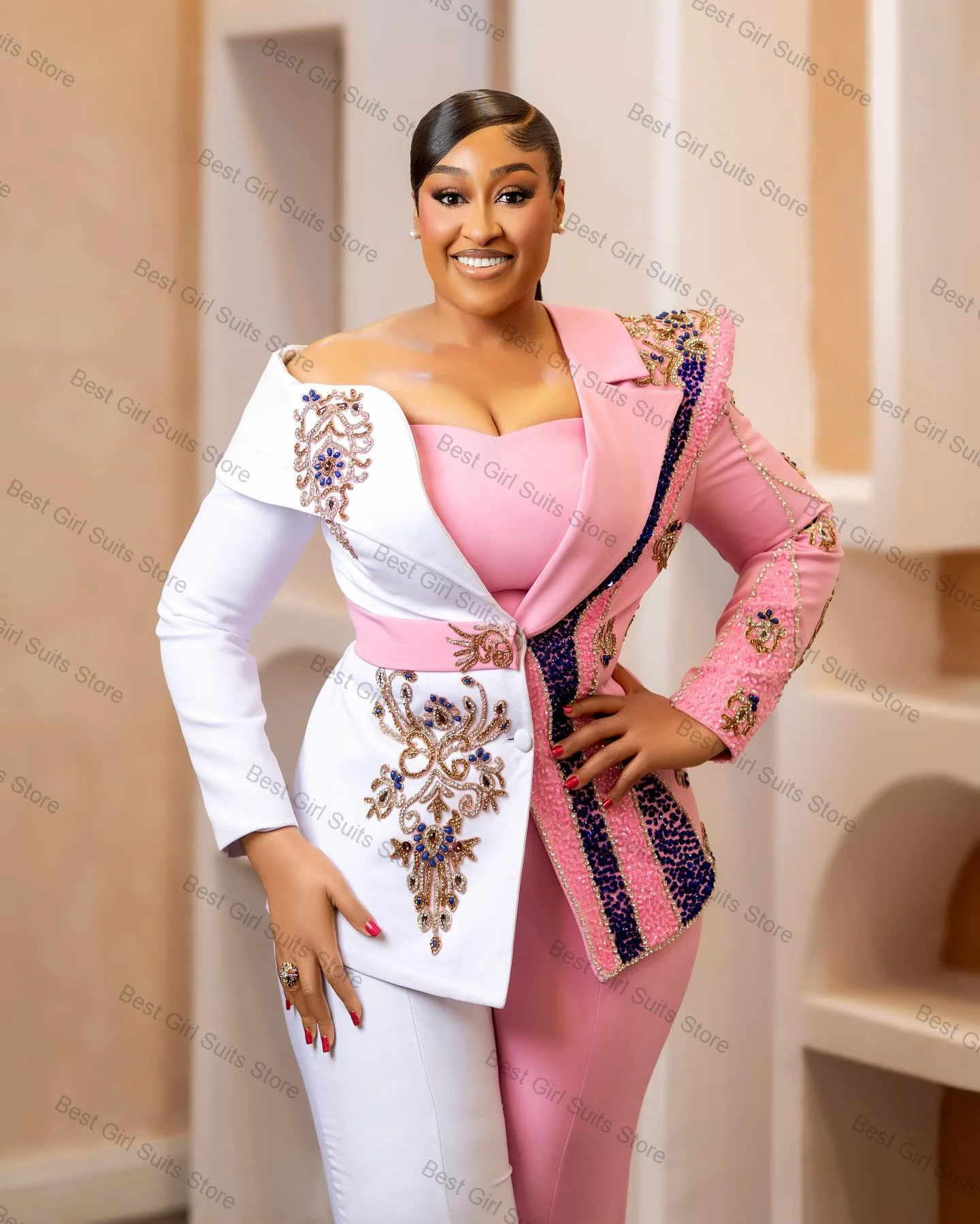 Różowo-biały damski garnitur 2-częściowy: marynarka + spodnie, zdobiony kryształkami, elegancki, do biura, żakiet, szyty na miarę smoking ślubny, płaszcz na studniówkę