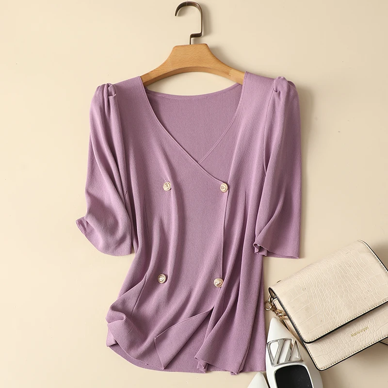 

Women's Button Lightweight V-Neck Pulls, Solid Elegant Tops, Female Outwear, Summer, New Design, 2023