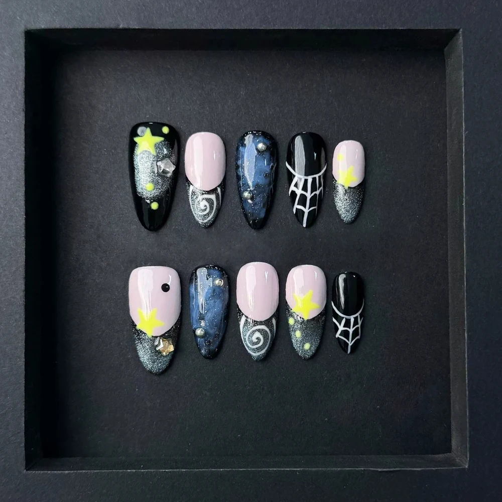 

10 шт. миндальный пресс на ногтях с блестящим звездным лунным небом, дизайн накладных ногтей на Хэллоуин, носимые накладные ногти ручной работы для девочек