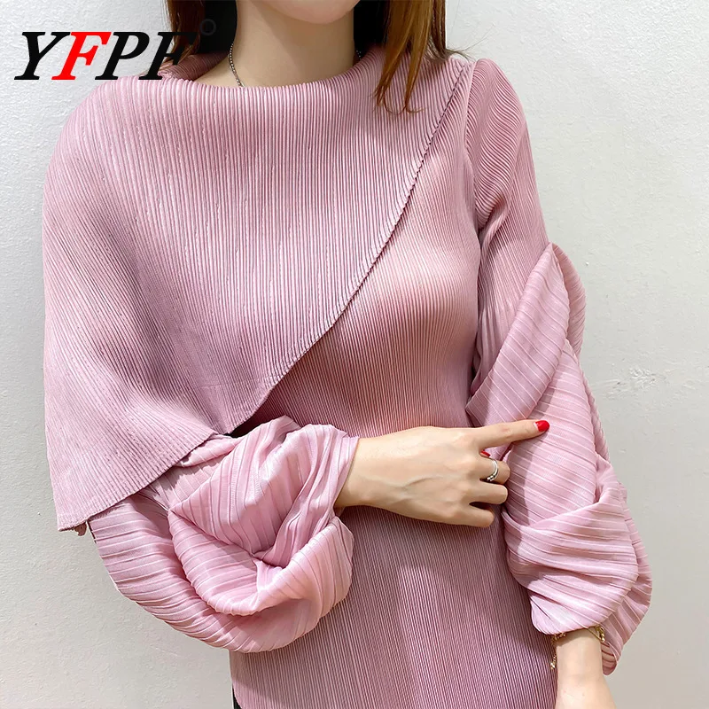 

YFPF Miyake Pleated Women Blouse Fashion Patchwork Irregular Collar Puff Sleeve Solid Color Tops 2025 New Clothing 3A364