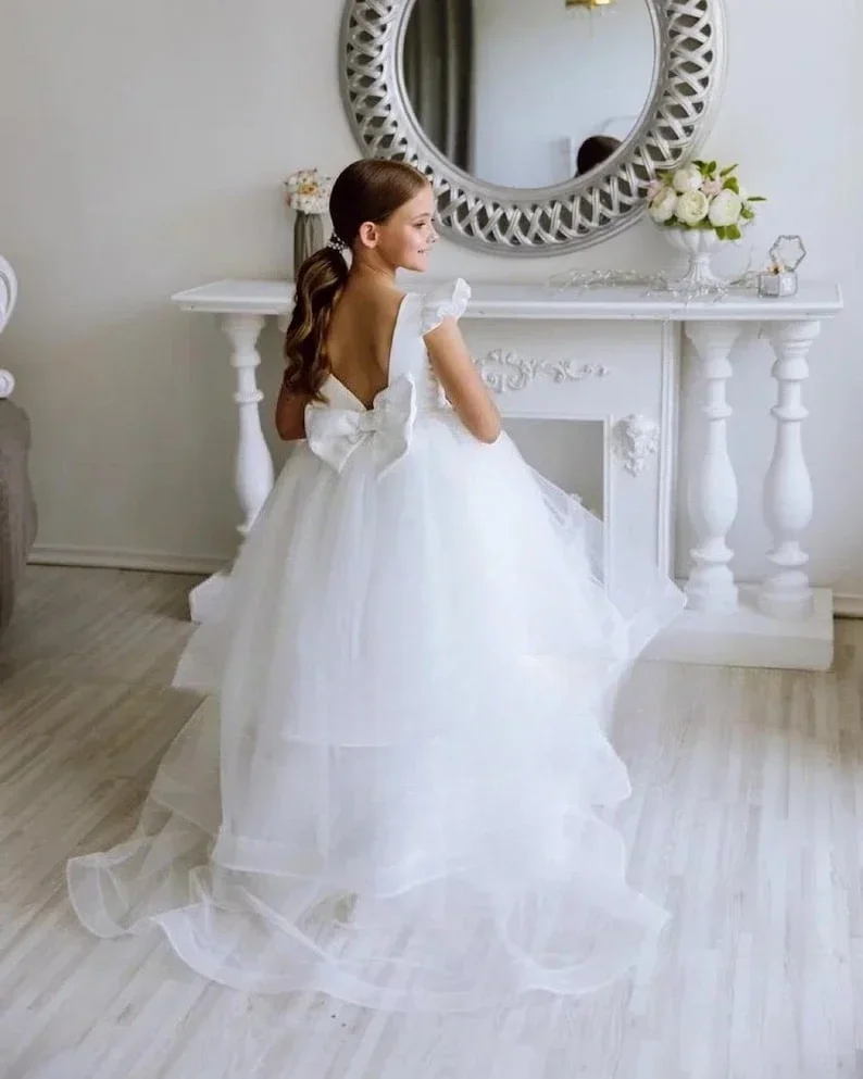 Pageant Dresses for Girls Tutu Tulle Flower Girl Dress Satin Baby Toddler Dress With Train Junior Bridesmaid Wedding Dress