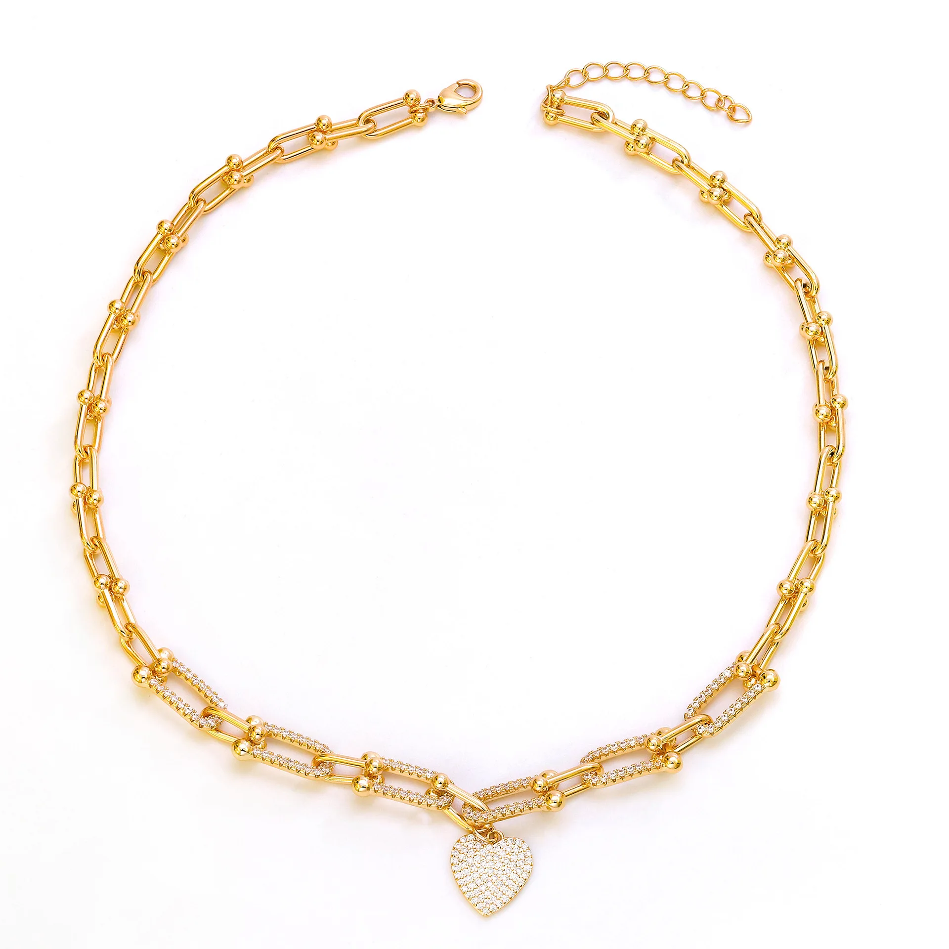 Fashion personality temperament cold wind Vachette clasp heart pendant delicate necklace bracelet gold-plated set zircon jewelle