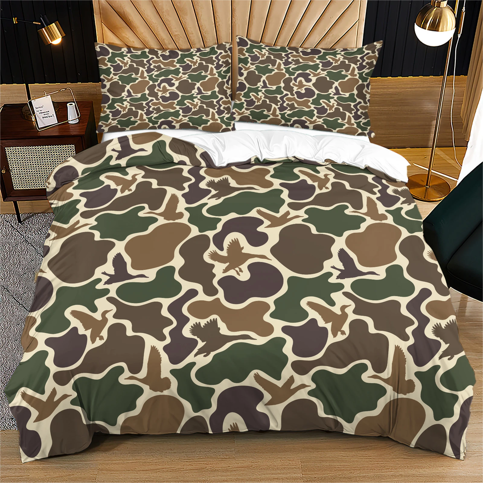 Vintage Duck Hunting Camo Duvet Cover Set Polyester Retro Camouflage with Flying Wild Duck Silhouette Bedding Set Twin Full Size
