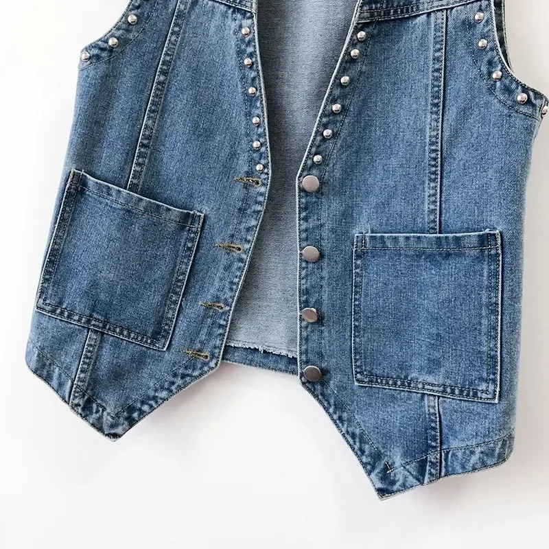 Vintage Rivet Sleeveless Jacket V-neck Denim Vest Women Spring Autumn Female  Short Jeans Coat Cowboy Waistcoat Female