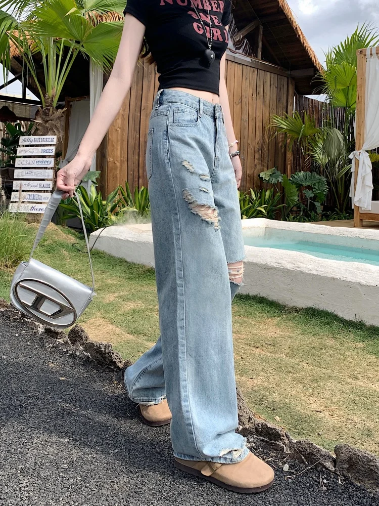 하이웨이스트 드레이프 홀 데님 진 여성용 가을 디자인 페어 바디 슬림 와이드 레그 팬츠 캐주얼 슬레 워터 웨이드