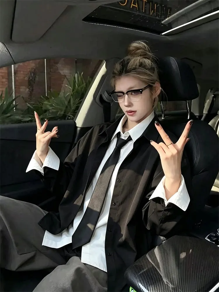 American College Style Men's Long Sleeve Shirt with Fake Two-Piece Tie Suit Polyester Fiber Non-Shrinkage Autumn Fashion