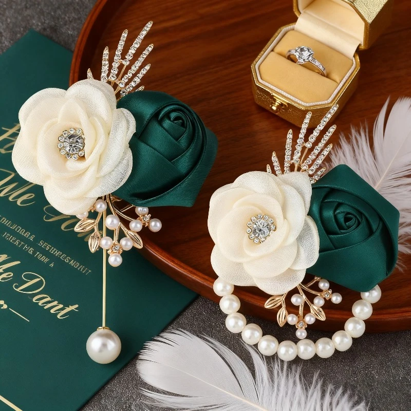 2 Buah Set Bunga Dada Pengantin dan Pengantin Pria untuk Pernikahan, Bunga Pergelangan Tangan Elegan dan Aksesoris Buket DIY untuk Pesta Pernikahan