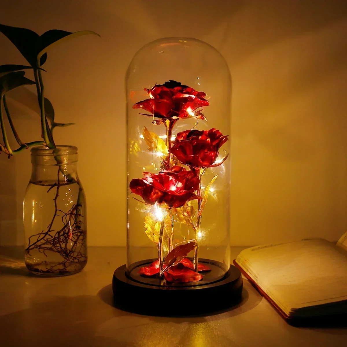 Rose enchantée en verre avec lumières LED, fleur artificielle, cadeau de Noël, la belle et la bête, Saint Valentin