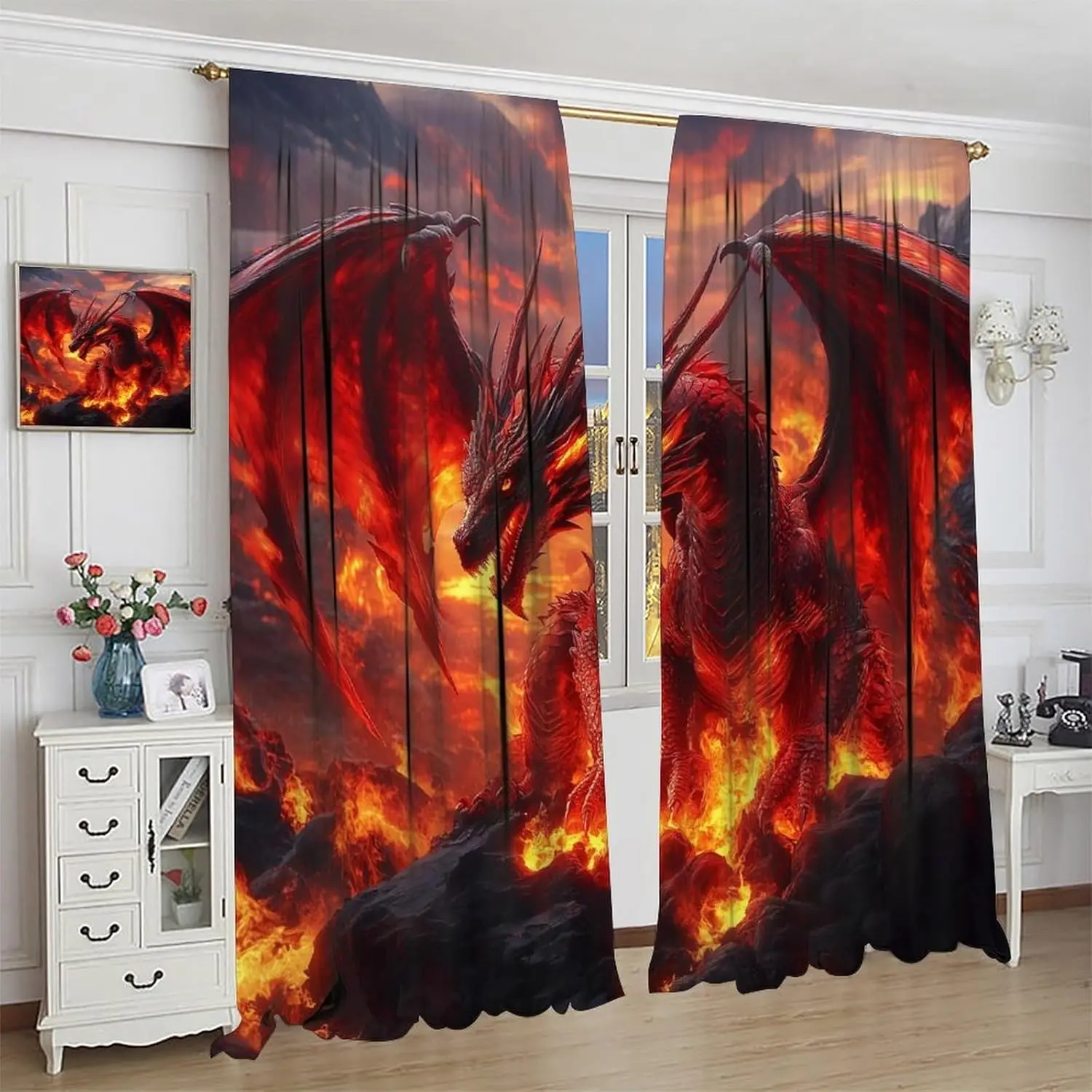 Western Dragon Blackout Curtains for Boys,Fantasy Myth Red Volcano Lava Magic Wings Dragon Fire Breathing Window Treatments