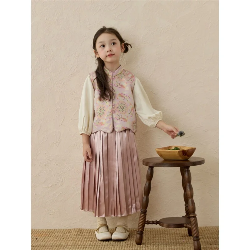 2024 Hot Style Girls New Chinese Embroidery Suit Traditional Jade Rabbit Chasing the Moon Pattern Vest Shirt Pleated Skirt Birth