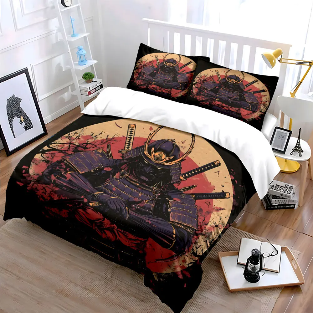 Samurai in armor with red moon backdrop Bedding Set for Kids Luxury Gift 3pcs Digital Print Comforter Set Soft Comfortable