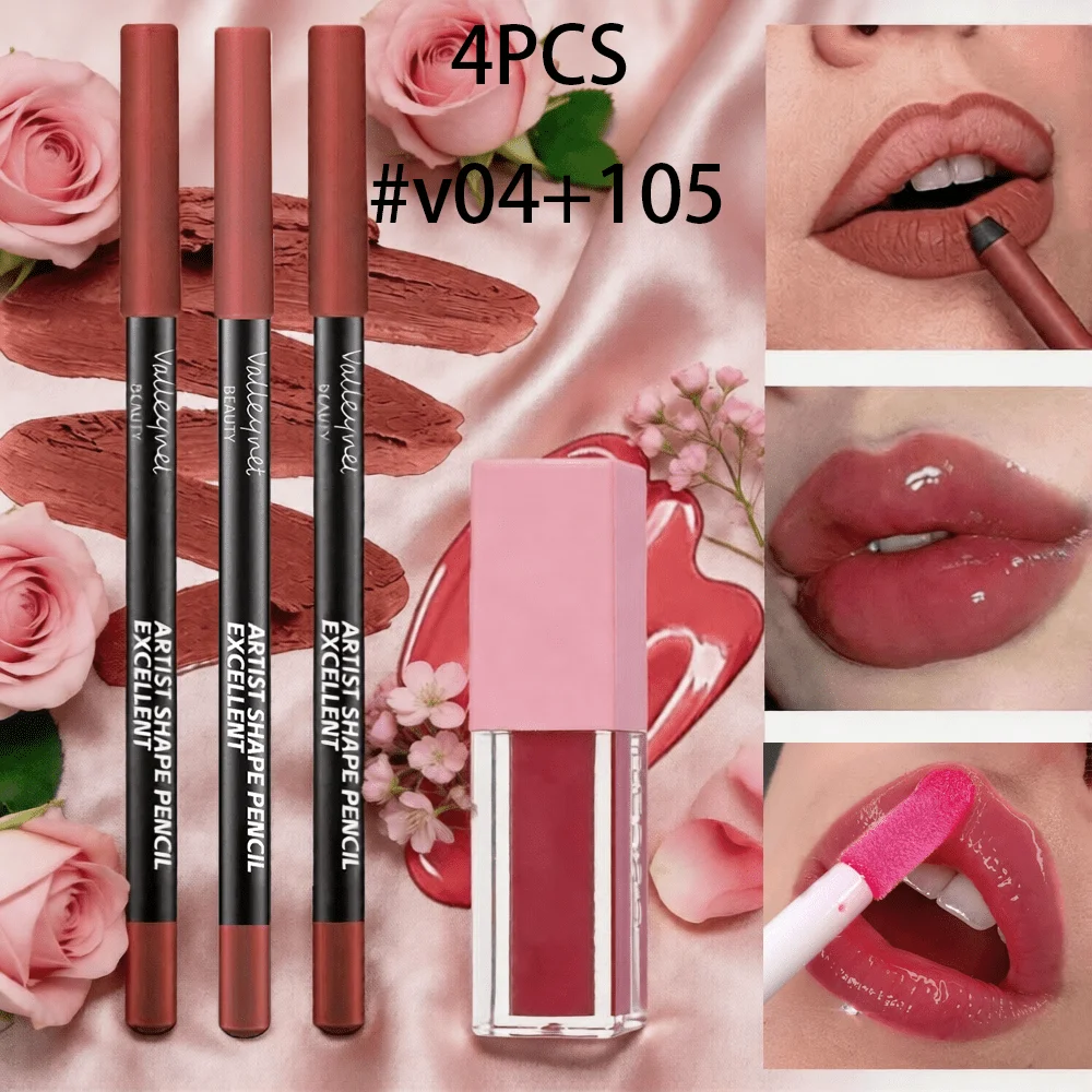4-teiliges Lippen-Set: 3 Präzisions-Lipliner + 1 aufpolsternder Hochglanz-Lipgloss. Formen, definieren, stabilisieren die Farbe und unterstreichen die Lippen für tägliche Eleganz.
