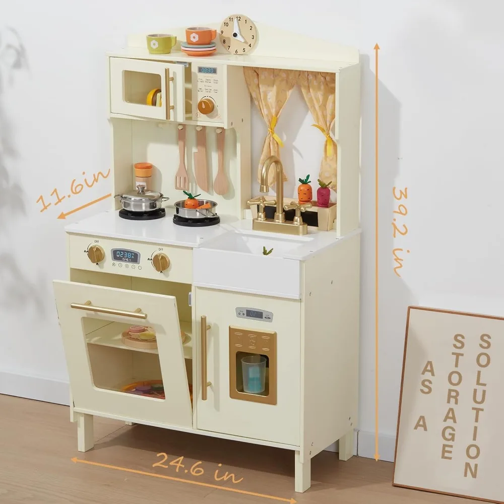 Cucina da gioco in stile moderno giocattolo in legno per bambini con lavello da gioco a microonde macchina per il ghiaccio accessori per pentole da forno Playset