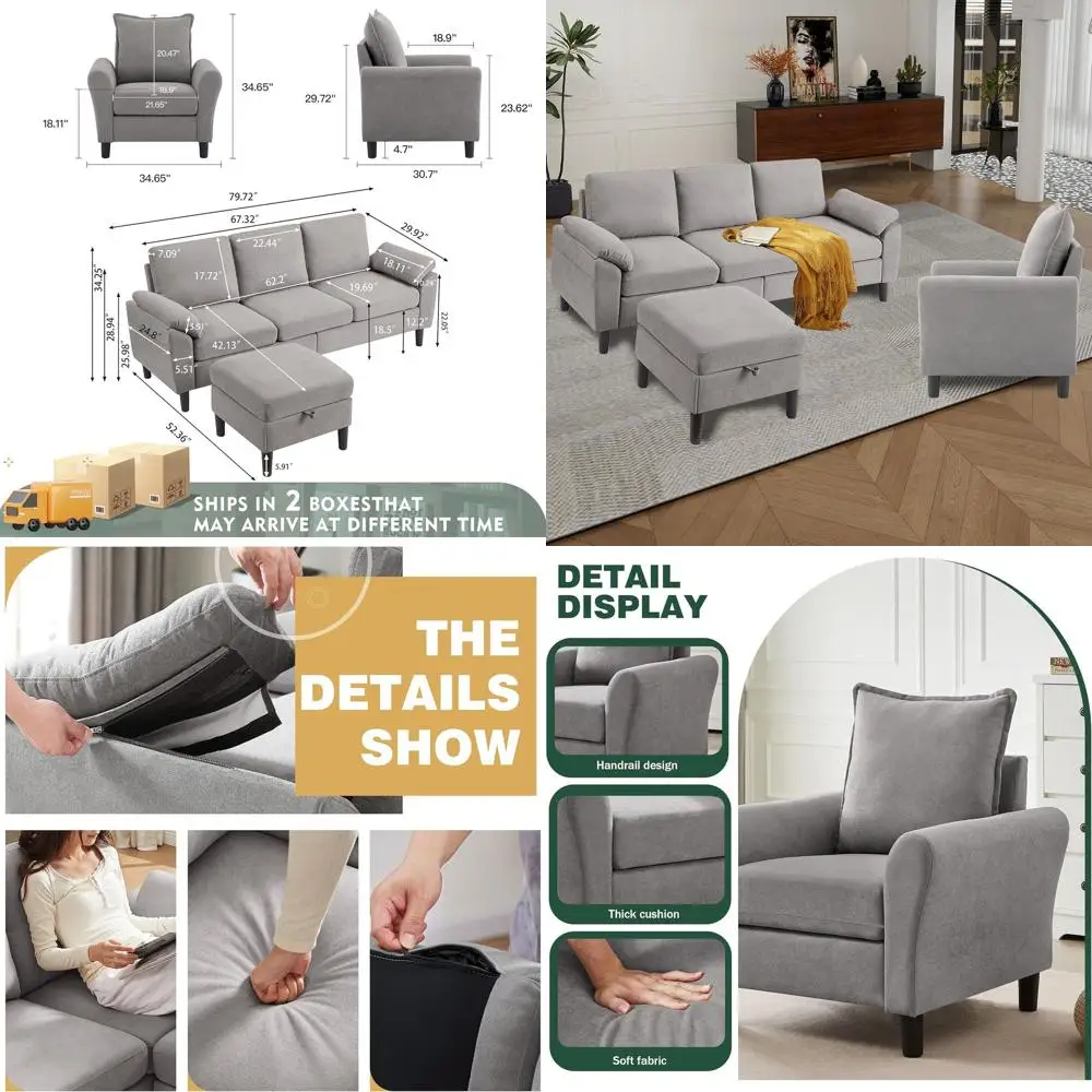 

79 Light Grey Linen 3-Seat L-Shaped Sofa with Reversible Ottoman and Accent Chair for Living Room or Office