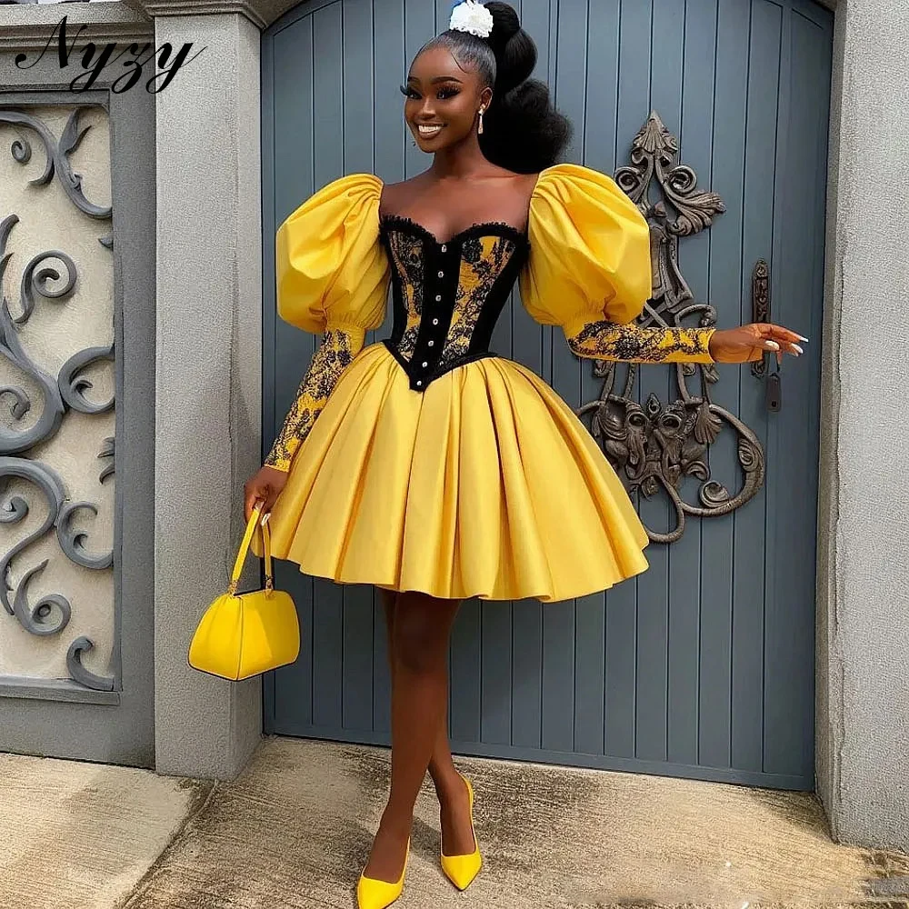

NYZY C615 Customized Satin Ball Gown Long Sleeves Yellow Princess Dresses for Party Prom Cocktail Birthday